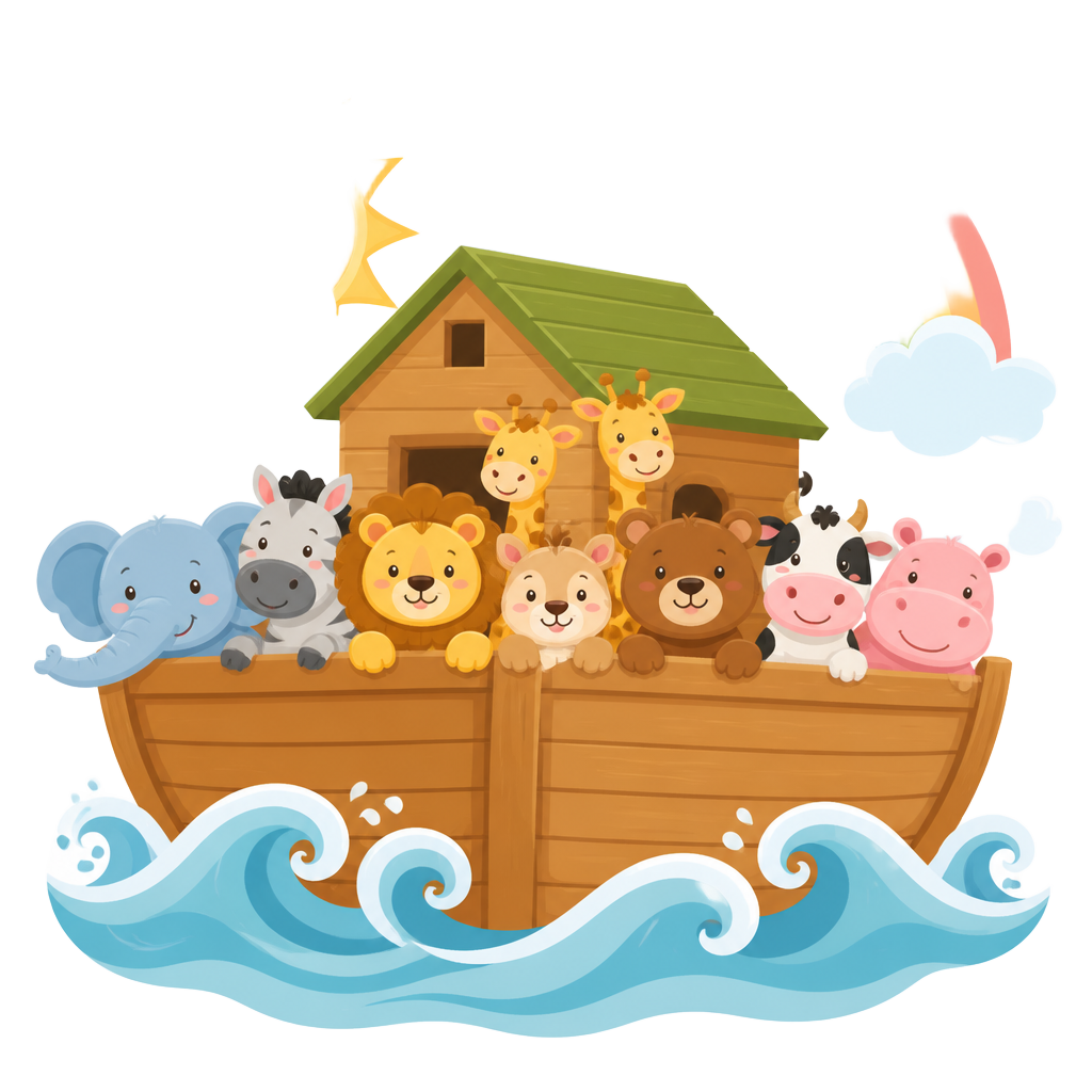 Ilustração infantil de uma arca com animais alegres
